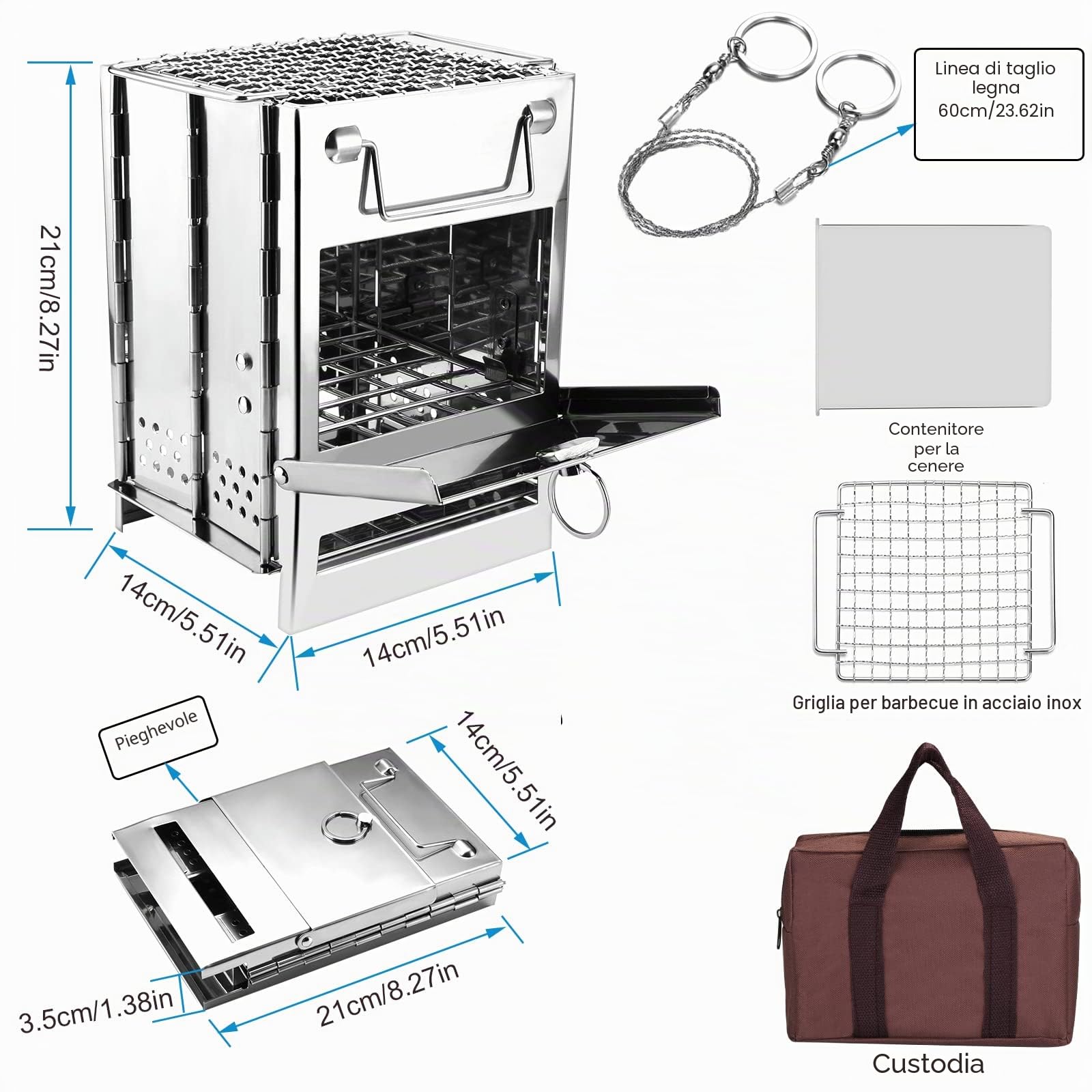 WADEO Stufa a Legna Portatile da Campeggio, Con Sega a Corda e Borsa Portaoggetti, Pieghevole in Acciaio Inox, Piccola Stufa a Legna per Escursioni, Barbecue, Grill, Zaino in Spalla, Viaggi, Picnic