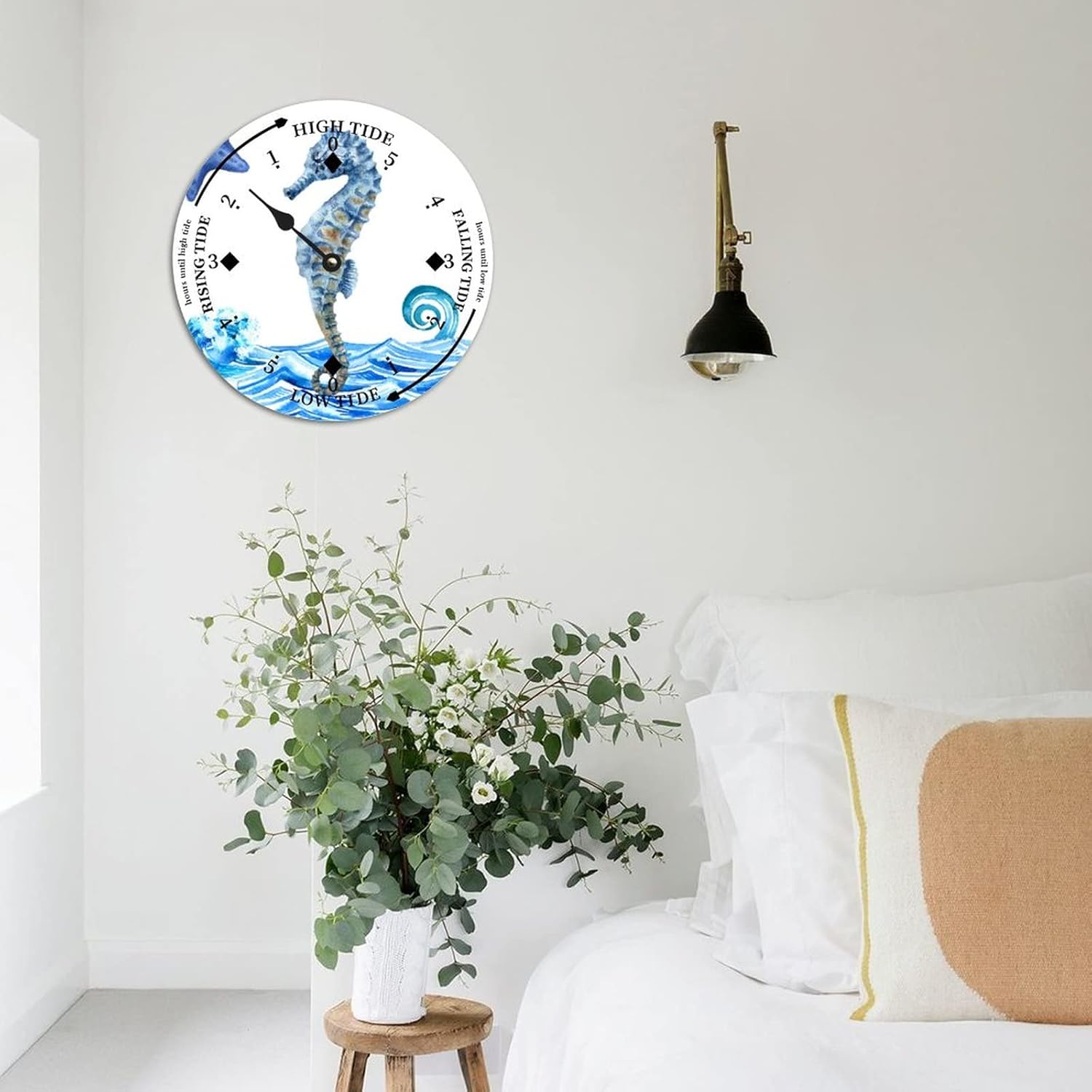 Ocean Hippocampus Tide Clock Silent Non-Ticking Battery Operated Wooden Moon Tidal Clock Wood Wall Art Nautical Tide Movement Clock for Restaurant Living Room Home Decor 15 Inch