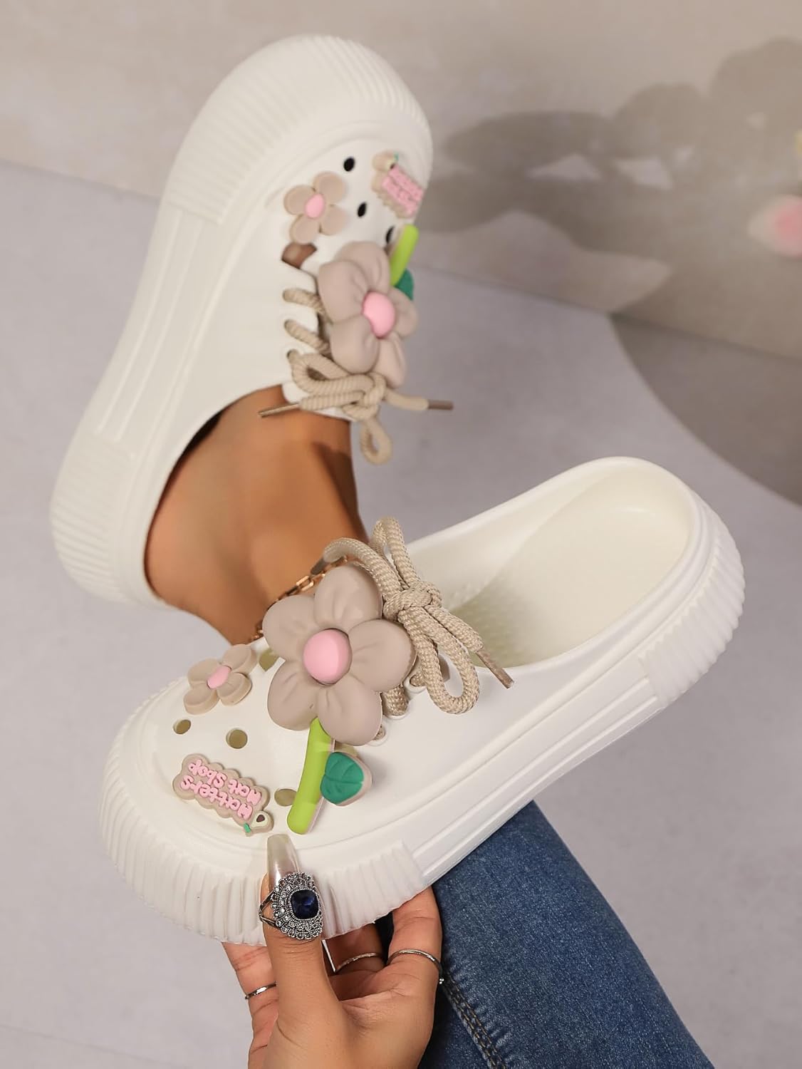 DREAM LAKE Women's Platform Slide Sandals with Bow and Flower Charms, Cavernous Upper