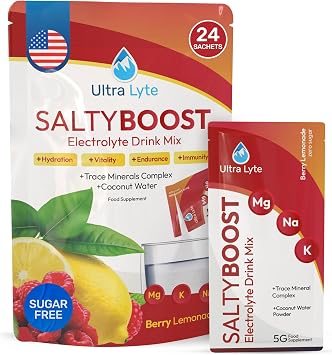 Ultra Lyte Electrolytes Drink Mix - Sugar-Free Salty Berry Lemonade Powder - 24 Bags of High Sodium Trace Mineral and Coconut Water - Hydration for Training Rehydration and Wellness