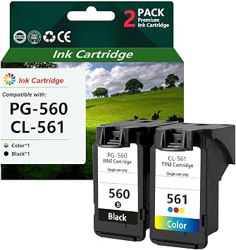 PG-560 Black and CL-561 Color Ink Cartridges Compatible for Canon PG-560 CL-561 for Canon PIXMA TS5350 TS5351 TS5352 TS5353 TS7450 TS7451 Printers 2 Pack, 1B, 1C