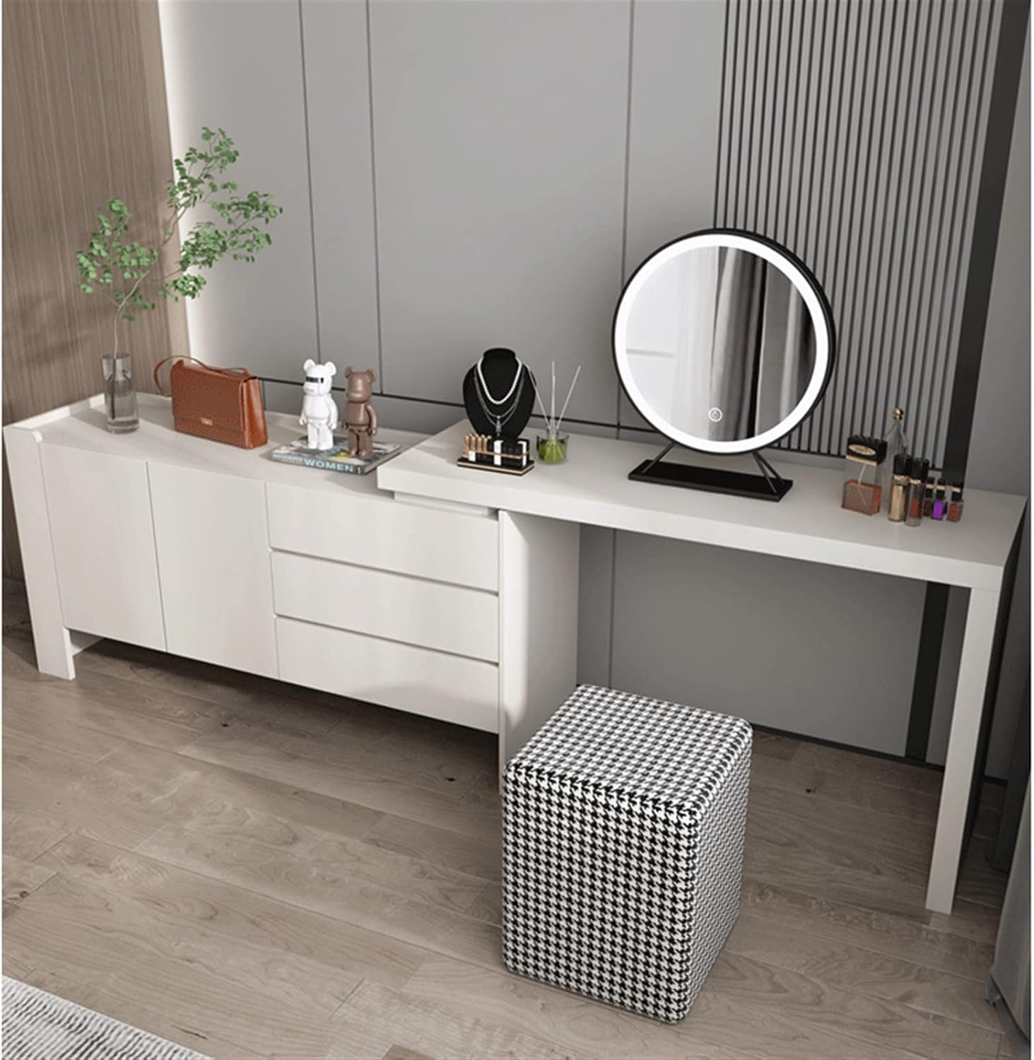 Vanity Dressing Table Set Luxury Makeup Bench with 3 Colors Led Hd Mirror,Comfortable Stool Drawers Cabinet,Modern Simple Style,for Girl's Gift (Size : 150cm) ()