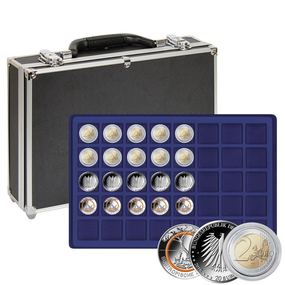 LINDNER Das Original Maletín Grande para colección de Monedas con 8 tableros Azul Oscuro para 320 Monedas o cápsulas para Monedas de hasta un diámetro de 34 mm