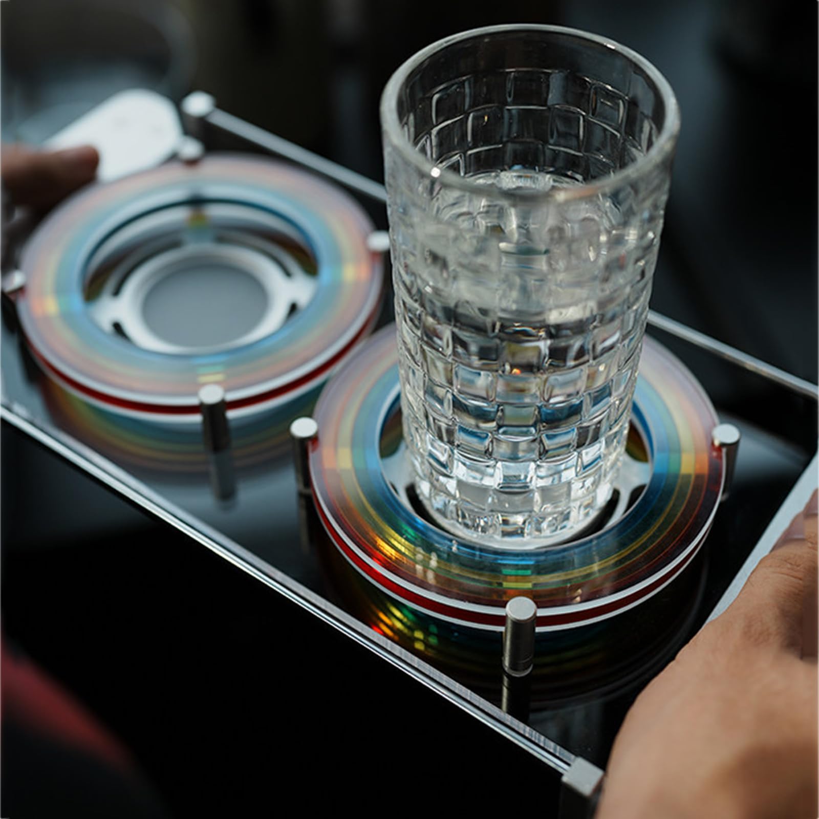 Posavasos acrílicos arcoíris para bebidas, 2 unidades con bandeja, protector de mesa a prueba de arañazos para decoración del hogar, oficina y vacaciones, perfecto para café y bebidas