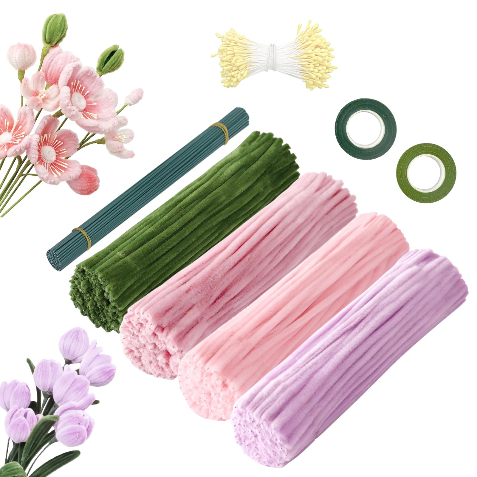 Kukkume Pink Pipe Cleaners 400Pcs Pipe Cleaner Flower Kit Green Pipecleaners With Flower Stems And Florist Tape For Diy Floral Arrangements Art And Craft Supplies