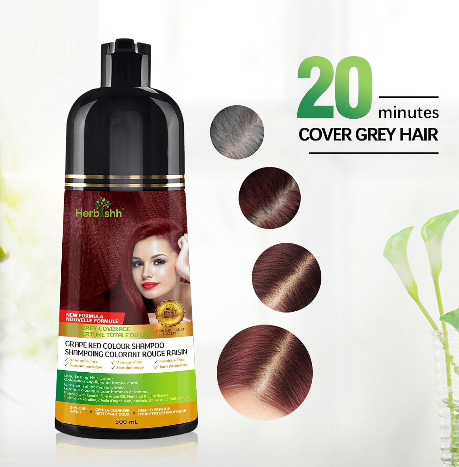 Herbishh Grape Red 3-In-1 Hair Color Shampoo for Gray Coverage (500 mL) And Rosemary Hair Essence Oil with Dropper (50 mL) Hair Care Combo for Women And Men
