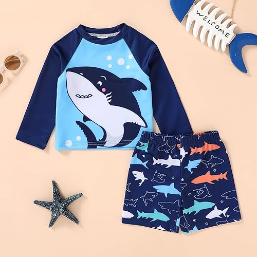 Miniatura 2 de Happy Town Trajes de baño para niños pequeños, traje de baño de manga larga, traje de baño de dos piezas, traje de baño, playa, verano (tiburón