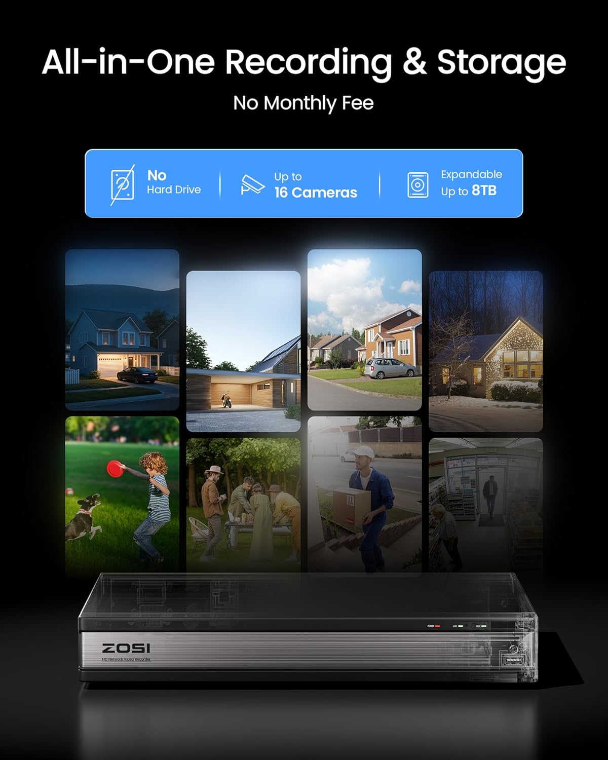 ZOSI H.265+ 16 Channel Security Camera System with AI Human Vehicle Detection, 16CH 1080p DVR and 8 x CCTV Weatherproof Bullet Camera Outdoor Indoor, 80ft Night Vision, 90°Wide Angle (No Hard Drive)