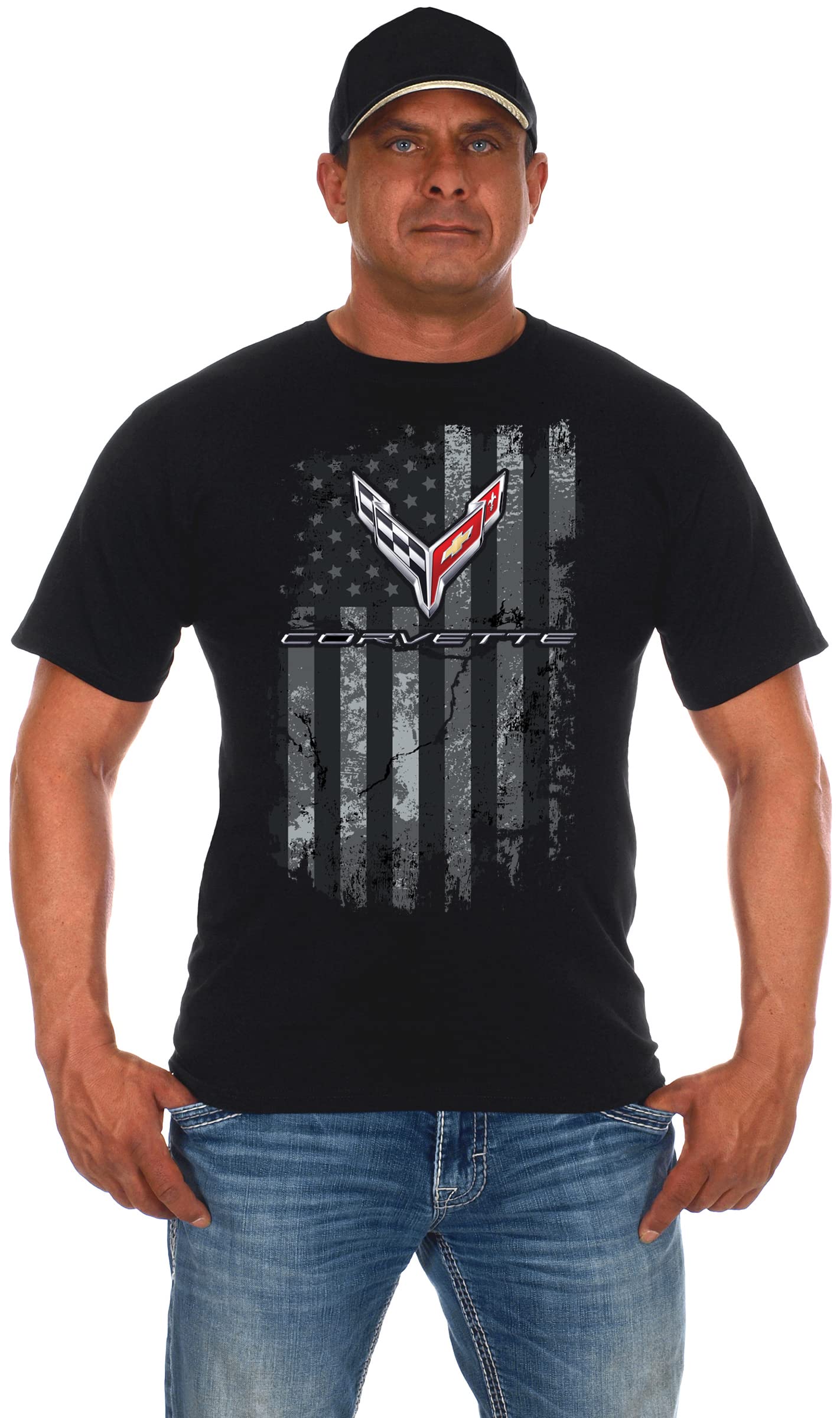 JH DESIGN GROUPMen's Chevy Corvette T-Shirt C8 American Flag Crew Neck Shirt