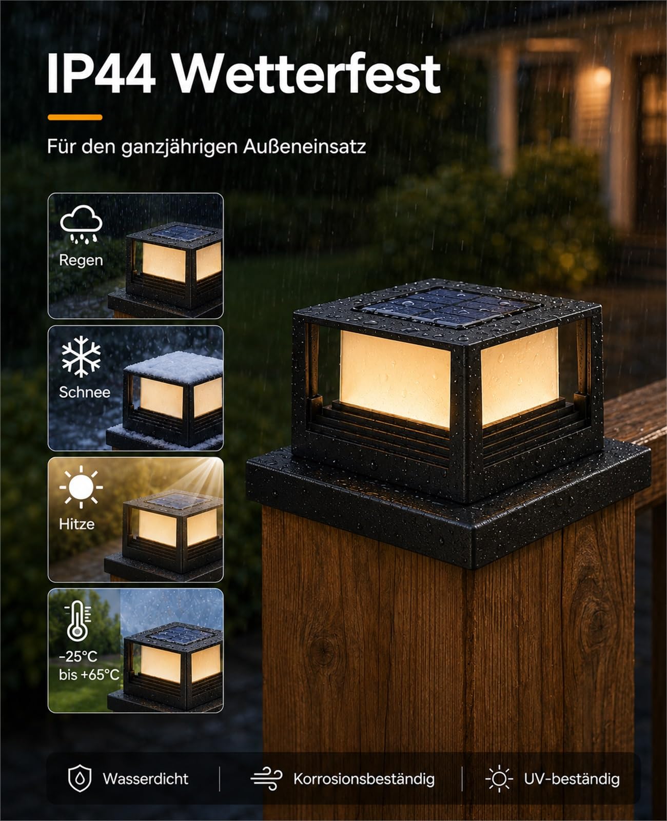 Solar Pfostenkappen Licht 2 Stück, Pfostenleuchte Solar 8x8-15x15 für Holzpfosten, 2 Lichtmodi 3000K/6000K, IP44 wasserdichte Solarleuchten für Zaun, Garten, Terrasse
