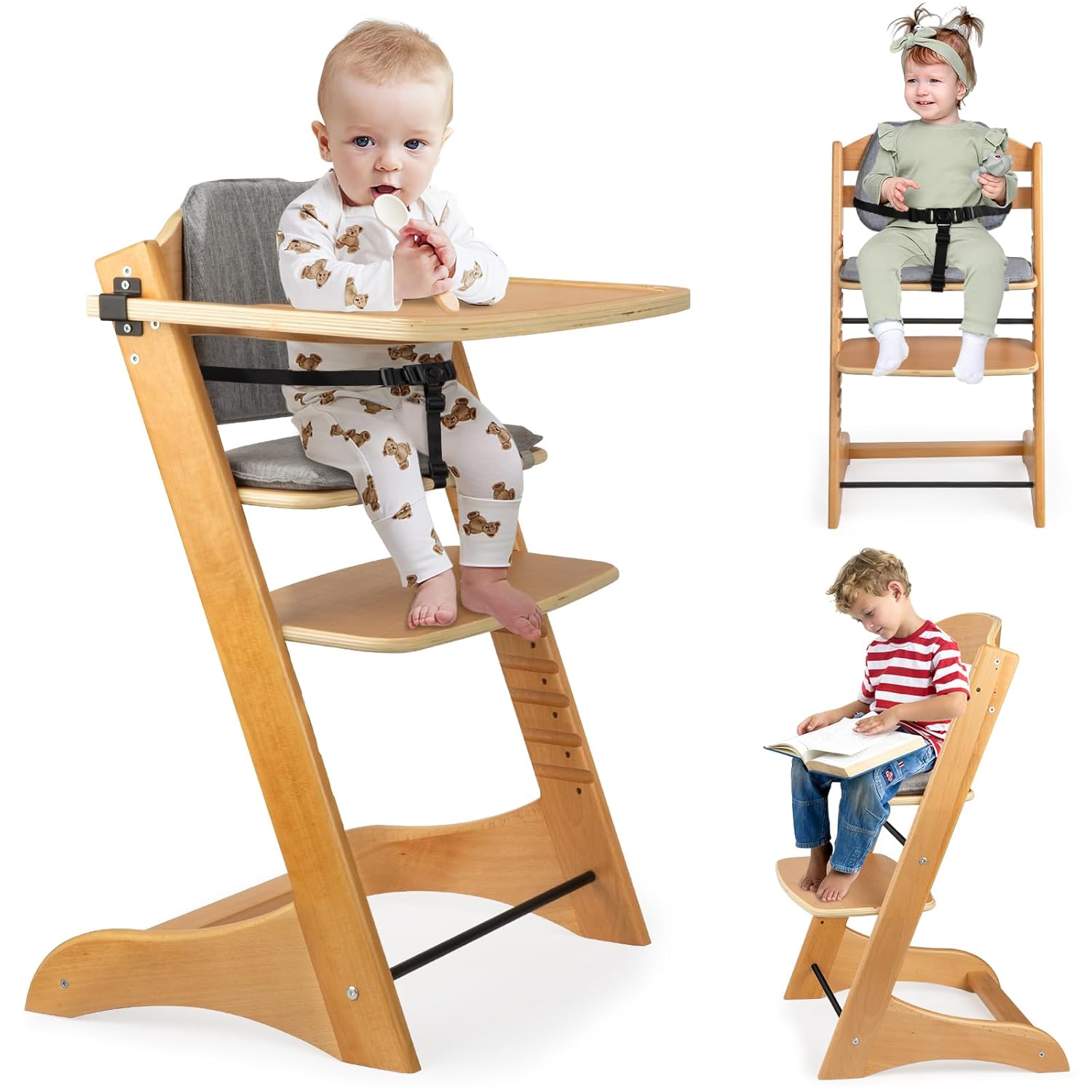 High Chair, Solid Wood Infant High Chair, Suitable for Infants 6 Months and Up, Maximum Weight Capacity 220 lbs - Anti-Tip - Adjustable Ergonomic Design/Natural Wood