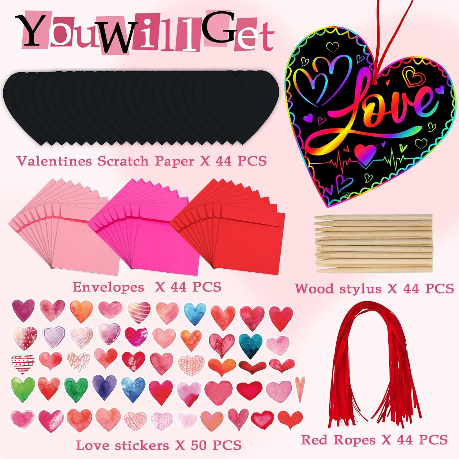 JMUQ 44Pack Valentine's Day Scratch Art Set, Heart-Shaped Rainbow Scratch Cards, Envelopes, Heart Stickers, Perfect Craft Kit for Classroom School Exchange Prizes Party Favors Creative Gifts