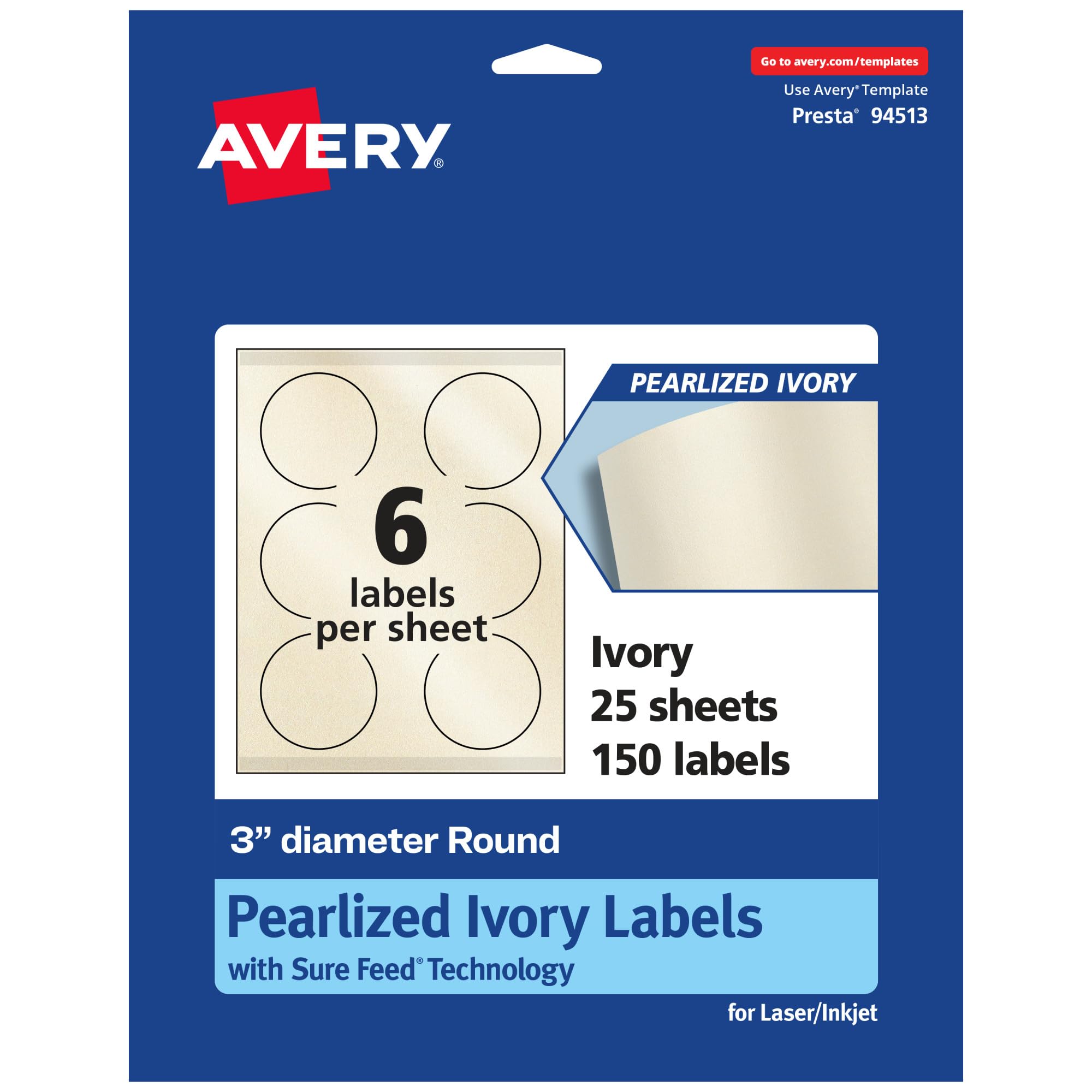 Avery Pearlized Ivory Round Labels, Sure Feed Technology, Print-to-The-Edge, 3" Diameter, 150 Pearlized Ivory Labels, Laser/Inkjet Printable