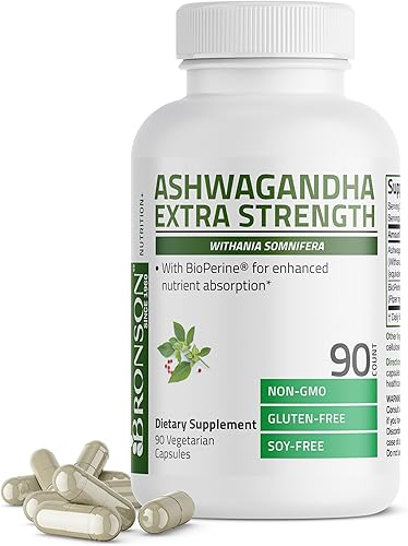 Bronson Ashwagandha - Apoyo extra fuerte para el estrés y el estado de ánimo con BioPerine, fórmula sin OMG, 90 cápsulas vegetarianas