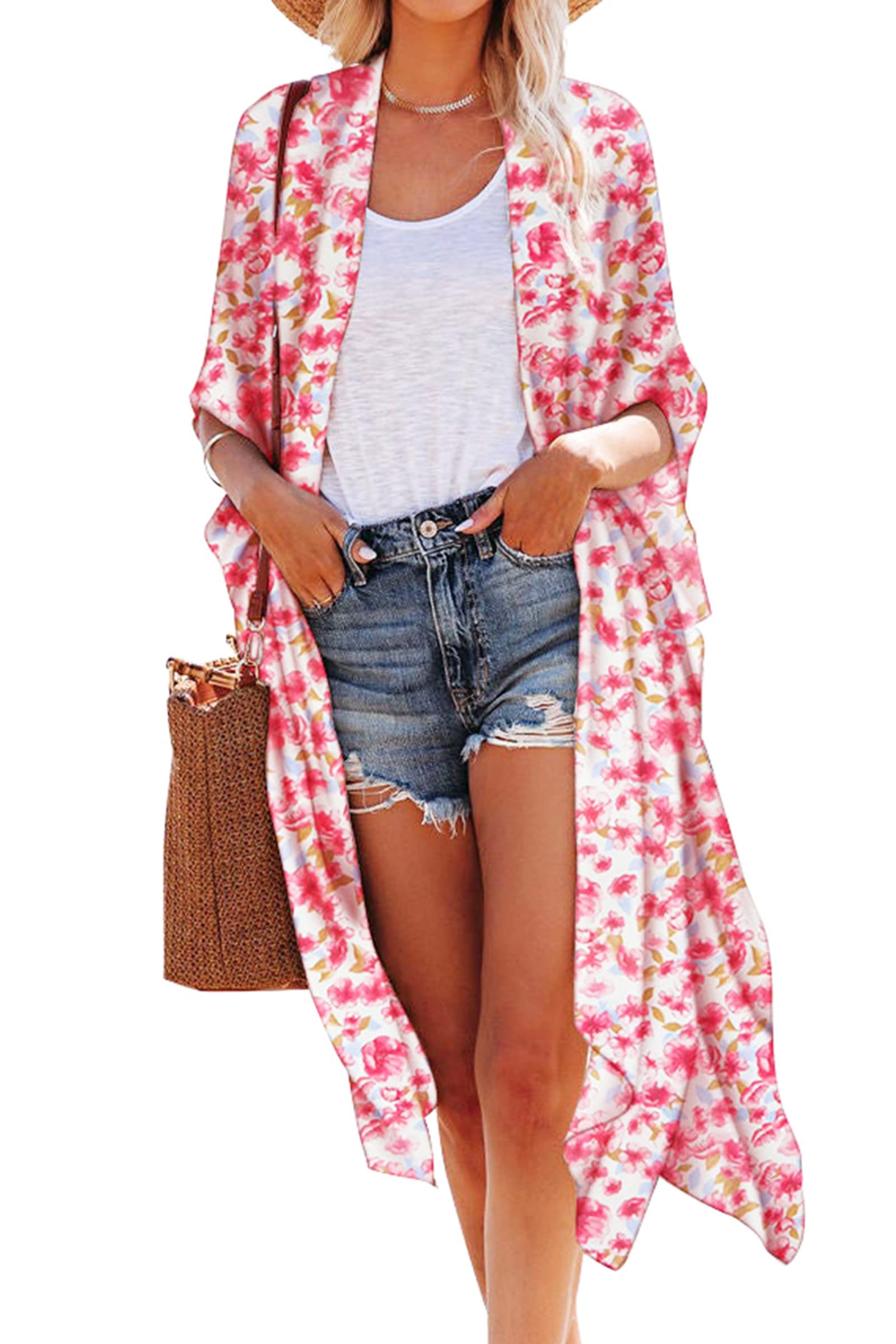 Hibluco Womens Summer Chiffon Floral Kimono Cardigan Long Swimwear Cover Ups