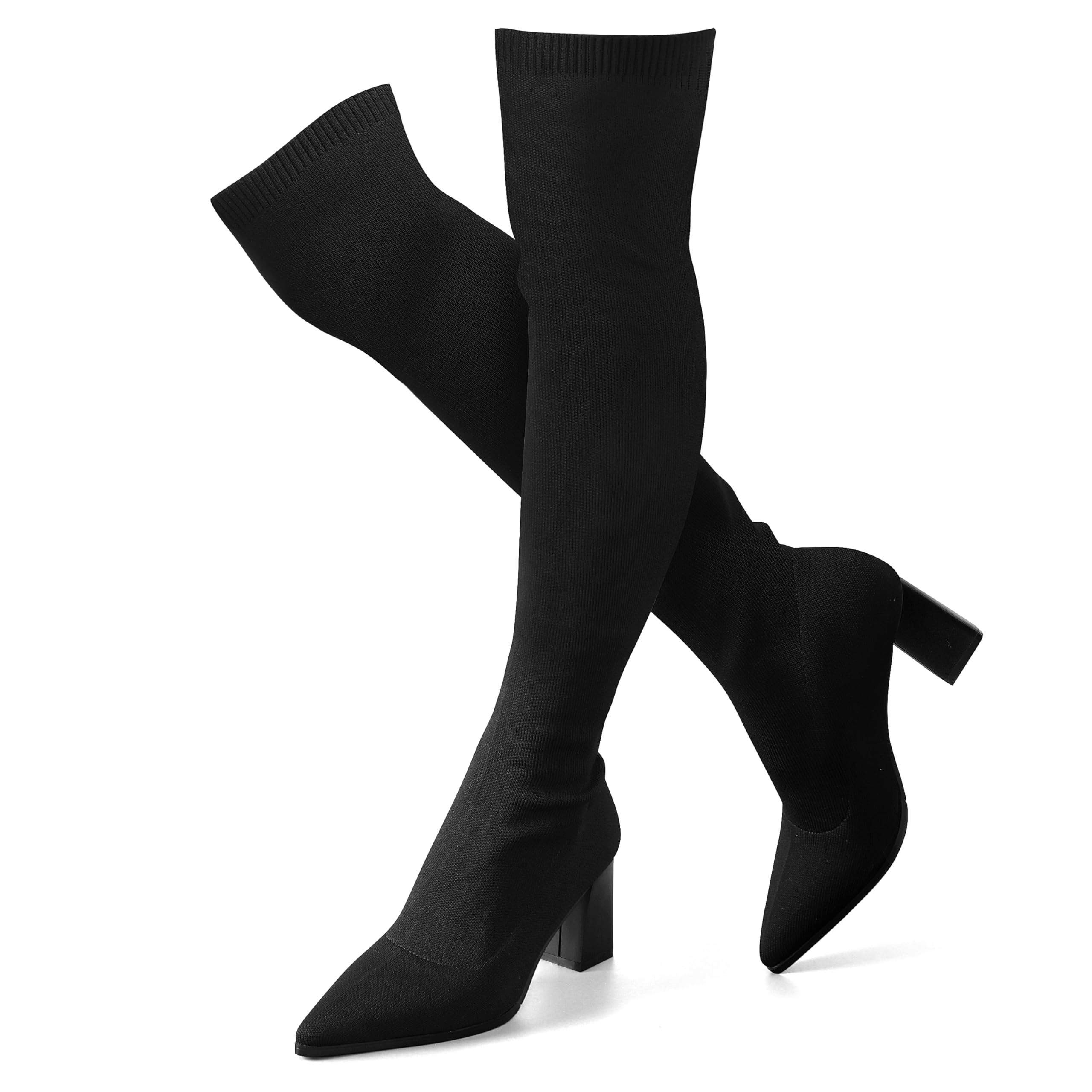 ErikenUrben Women Over the Knee Knit Boots Block High Heel Thigh Boots Pull on