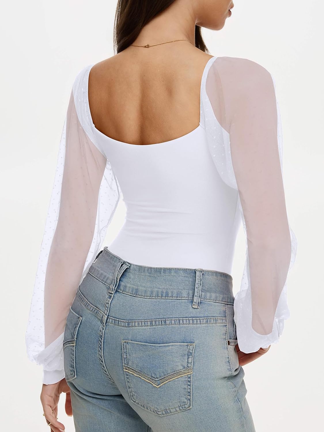 REORIA Women's 2025 Fall Casual Mesh Long Sleeve Square Neck Tops Trendy Cute Dressy Slim Fit Going Out T-Shirts - Image 4