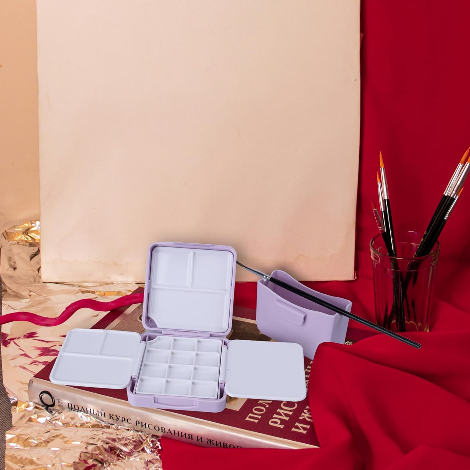 WTYONZEL Travel Pocket Watercolor Set, Artist Outdoor Sketch Kits with 24 Well Palette,3 Foldable Palettes,Clip-on Washing Bucket,Silicone Bag,Ideal for Outdoor Sketch Artists(Purple)