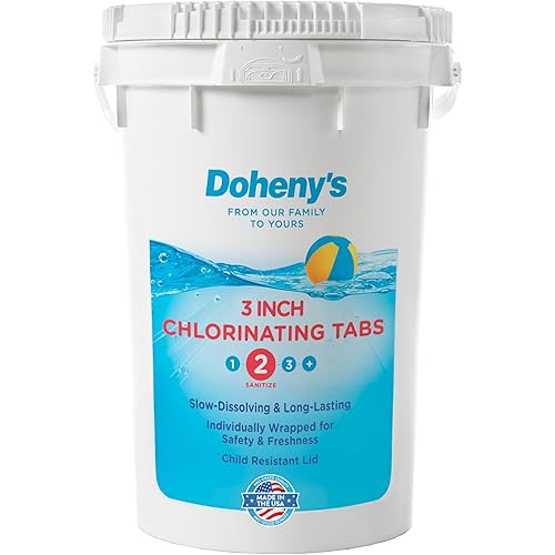 Doheny’s 3-Inch Stabilized Chlorine Tablets for Sanitizing Swimming Pools | 99% Pure Tri-Chlor, 90% Available Chlorine | Long-Lasting, UV-Protected, Slow-Dissolving | Individually Wrapped 50lb Bucket