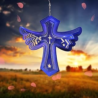 Fonmy Stainless Steel Wind Spinner Worth Gift Indoor Outdoor Garden Decoration Crafts Ornaments Metal Art Kinetic Yard Art Decorations 12 inch Blue Color Angel Wing Cross Wind Spinners