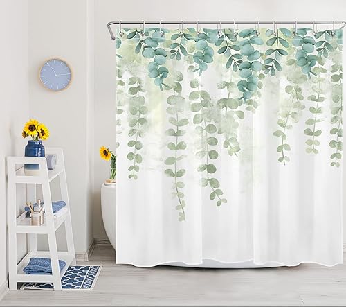 Miniatura 8 de LB Cortina de ducha de hojas de eucalipto de plantas verdes cortina de baño de tela de poliéster con ganchos hojas botánicas de acuarela en la parte
