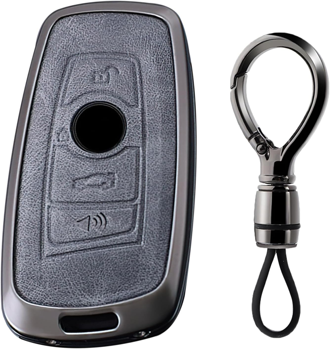 SANRILY Gray Metal Leather Key Fob Cover Fit for BMW X3 M2 F Series 235ix 320 E90 E92 E93 X5 F10 F20 F30 F40, 1 2 3 4 5 7 series 2017 M4 Accessories Keyless Key Holder with Keychain C
