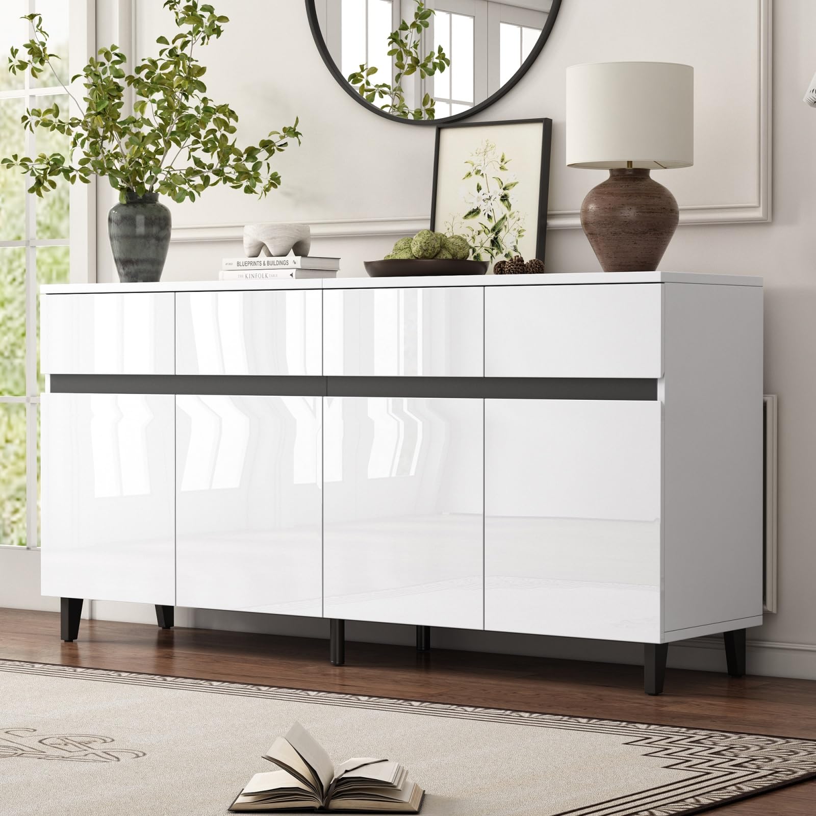 Genérico Aparador Salon 4 Puertas y 4 Cajones,Aparador Entrada Recibidor con Estantes Ajustables,Comoda Dormitorio,Original DiseñO Moderno Lacado Brillante Blanco