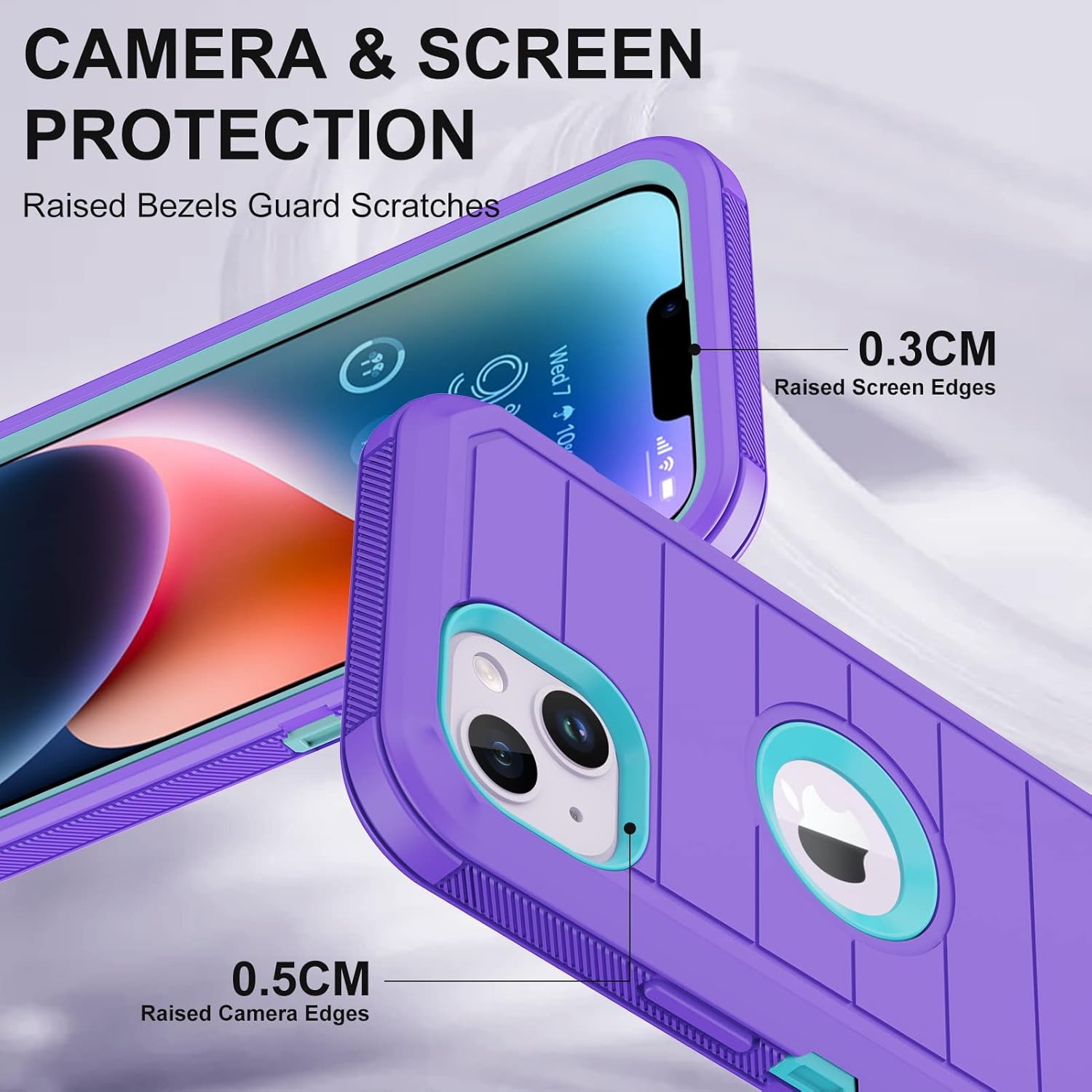 Annymall for iPhone 14 Case with 2 Screen Protector,Full Body Shockproof Drop Protection Dust Proof Heavy Duty 3 Layer Rugged Durable Military Grade Cover for Apple iPhone 14 6.1" (Purple/light green) - Image 3