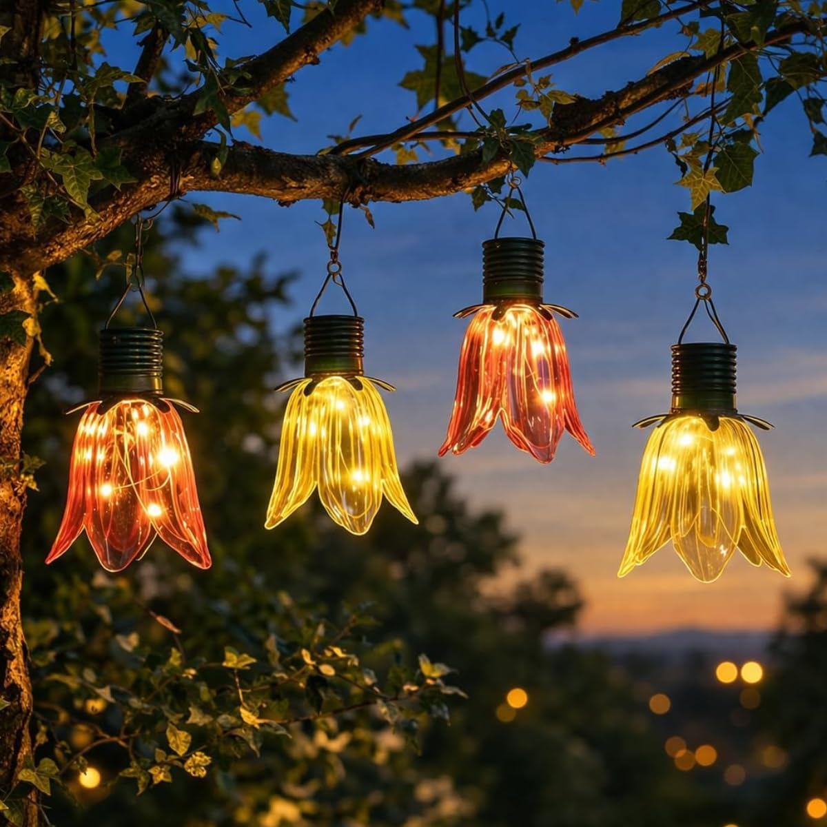 Festive Lights - Set of 4 Solar Tulip Hanging Lanterns – 18.5cm Pink & Yellow Flower Lights, Warm White Firefly LEDs, Outdoor Garden Ornament Tabletop Decoration, IP44 Waterproof