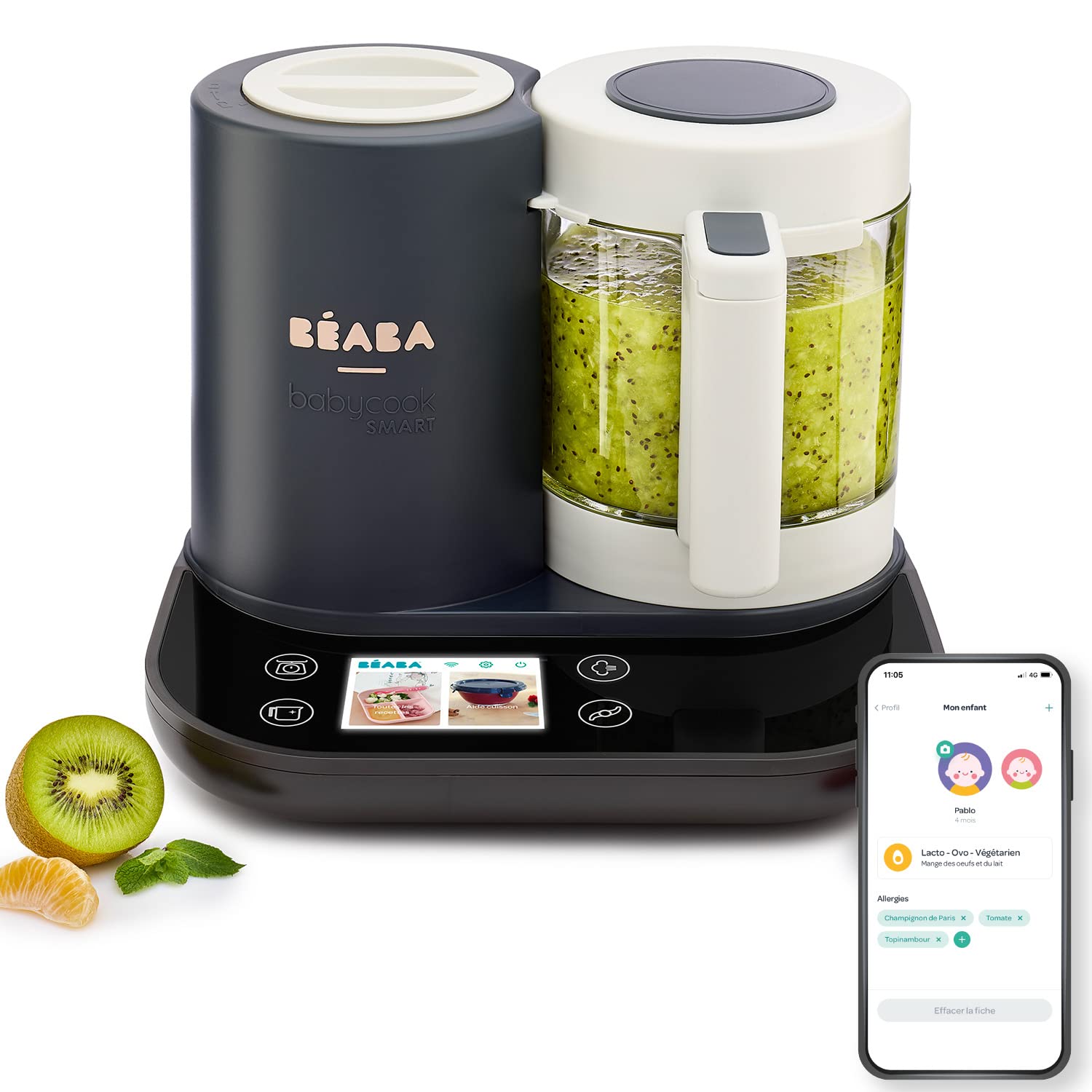 BÉABA BabycookSmart, Cuoci Pappa per Bambini, Bilancia, Ciotola in Vetro, Cestino Acciaio Inox, 2.25 L, Cottura Vapore, Schermo Tattile, Antracite