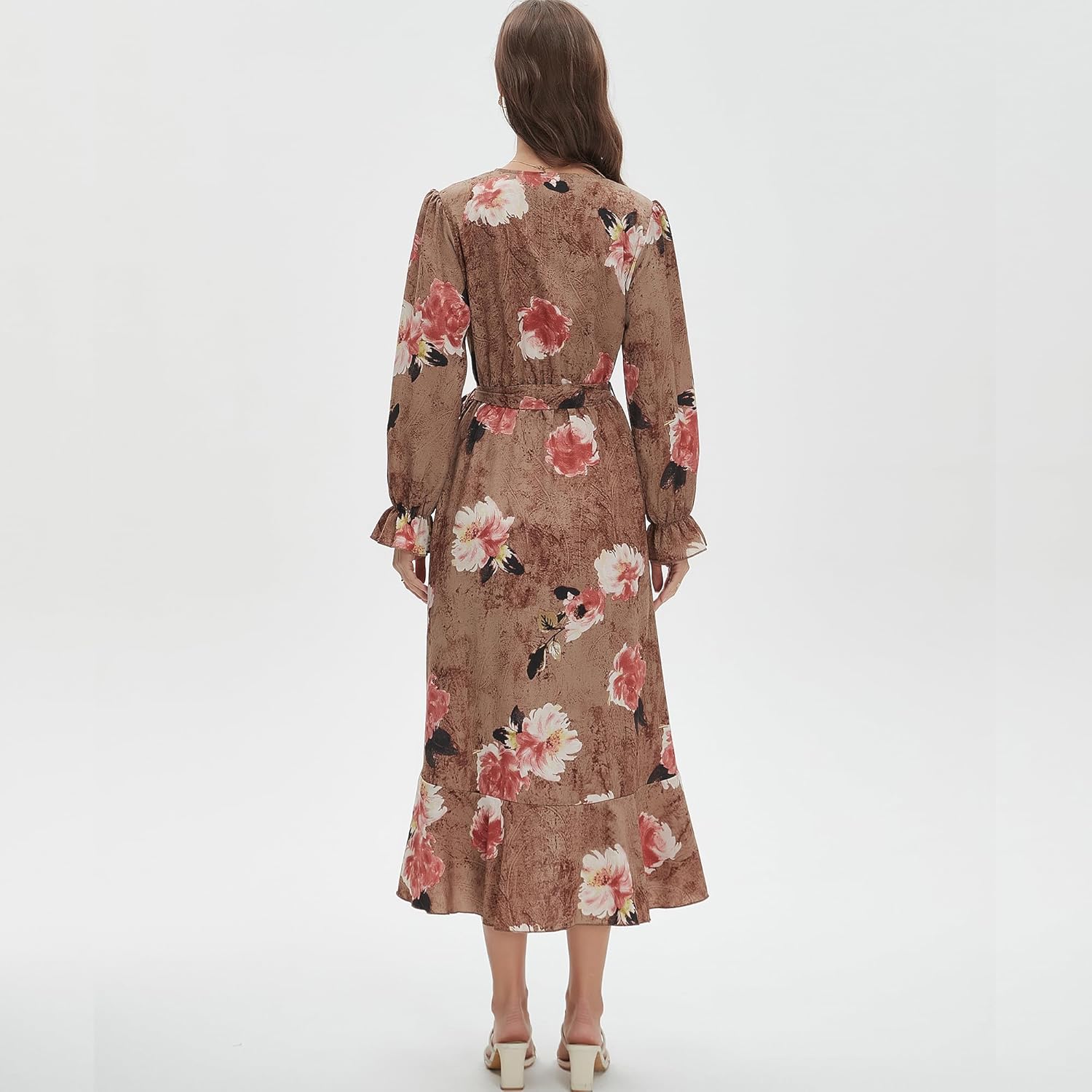 Women's Floral Bohemian Dress Long Sleeve Wrap V Neck Ruffle Flowy Maxi Casual Tie Waist Boho Asymmetrical Vacation Dresses - Image 5