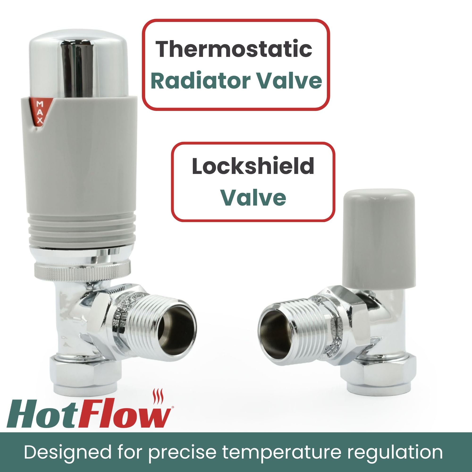 Hot Flow Chrome & Silver Estuary Angled TRV Thermostatic Radiator Valve (Pair) Includes Angled TRV Body, Wheel Head - Image 2