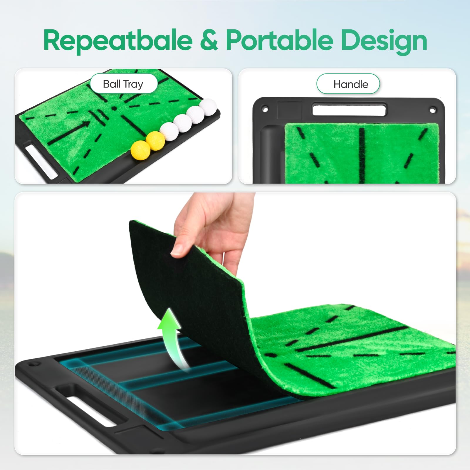 Golf Abschlagmatte, 38.5x24.5cm Golf Übungsmatte mit Dual-Turf (35mm Rough & 10mm Fairway), Schwungbahn-Feedback, Komplettes Trainingsmatte Set inkl. 8 Bällen + 7 Tees, für Indoor/Outdoor