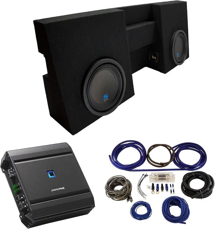 Alpine Type S S-W10D2 Sub Box with Amp Fits 2005-15 Toyota Tacoma | Double cab loaded enclosure, dual 10 inch design, complete subwoofer package, 4 gauge wiring kit, matched mono power