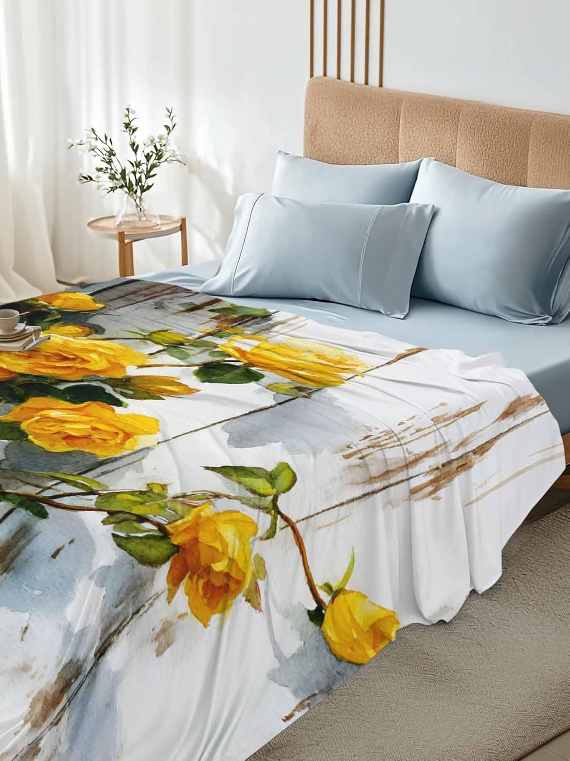 Top Sheet Full Bedding Flat Sheet Only, Spring Yellow Rose Flower Wood Plank Microfiber Bed Sheets Soft Breathable Bedding Flat Sheets, Farm Floral Shabby Walls Hotel Luxury Top Sheets