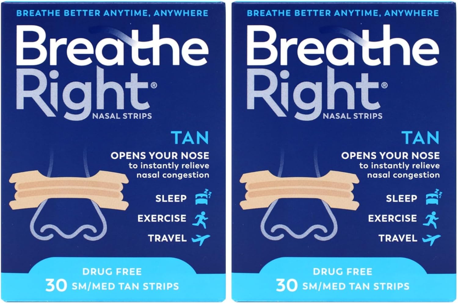 Breathe Right Nasal Strips Tan, Drug-Free Relief for Nasal Congestion, Small/Medium 30 Strips (Pack of 2)