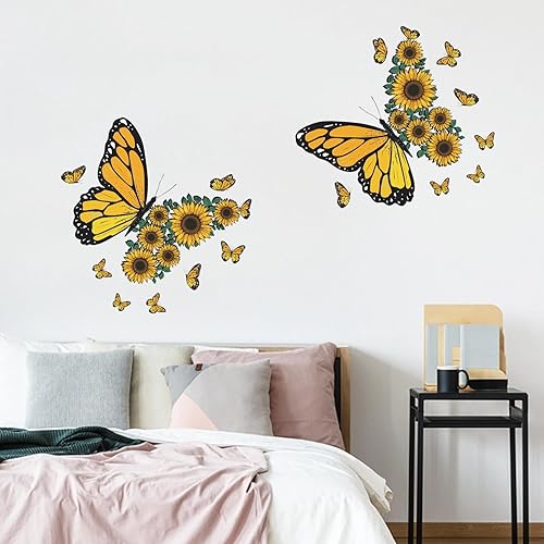 Miniatura 5 de Calcomanías de pared cálidas de girasol y mariposas, diseño de mariposas amarillas, calcomanías de pared removibles de vinilo para despegar y pegar