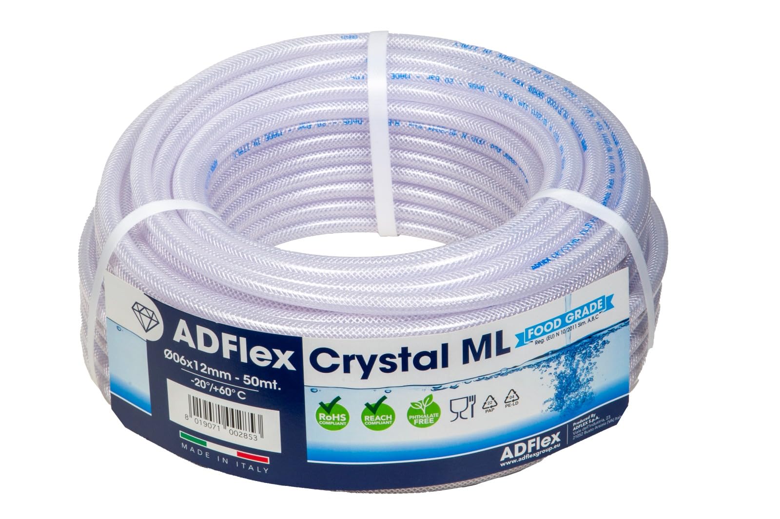 Tubo in PVC trasparente Crystal Retex ML 6x12 50 m Rinforzato, Ultra Resistenza, Qualità Alimentare, passaggio aria, aria compressa, passaggio liquidi, acqua potabile, irrigazione