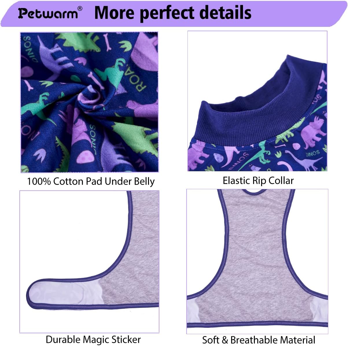 PetWarm Recovery Suit for Dogs, Dinosaur Pattern, Blue Purple and Cosmic Pattern, Black Gold, XS