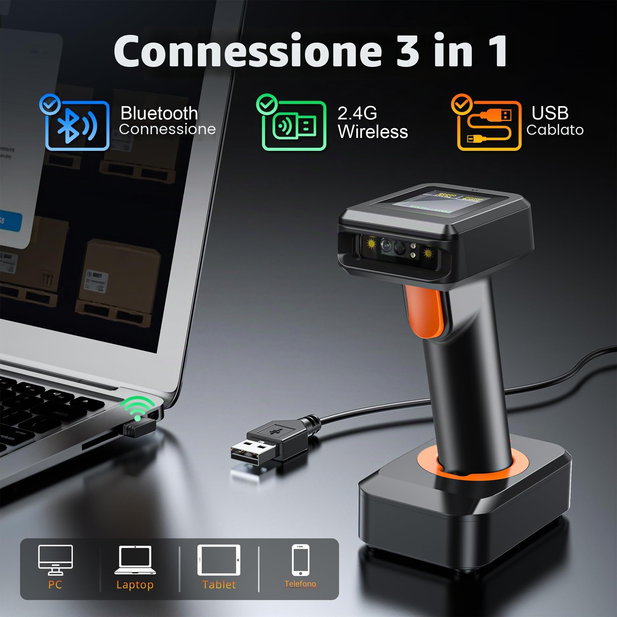 Tera 1D 2D QR Barcode Scanner con Stazione di Ricarica e Display Bluetooth e wireless 2.4Ghz Prefisso e suffisso dell'ora schermo, HW0006