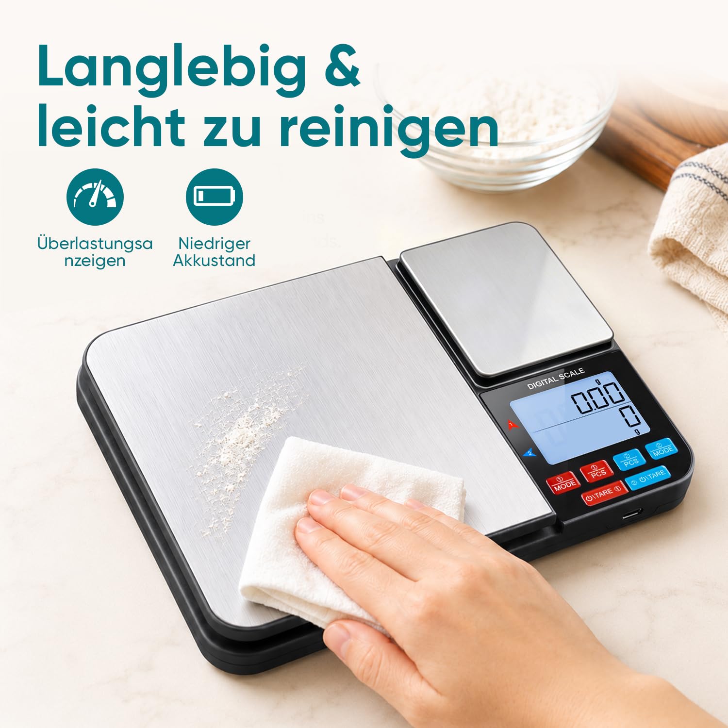 Wigearss Küchenwaage Digital mit Dual Plattform 10kg/1g und 500g/0.01g, Doppelfunktion Küchen Feinwaage mit 7 Einheiten, Zähl, Tara Funktion