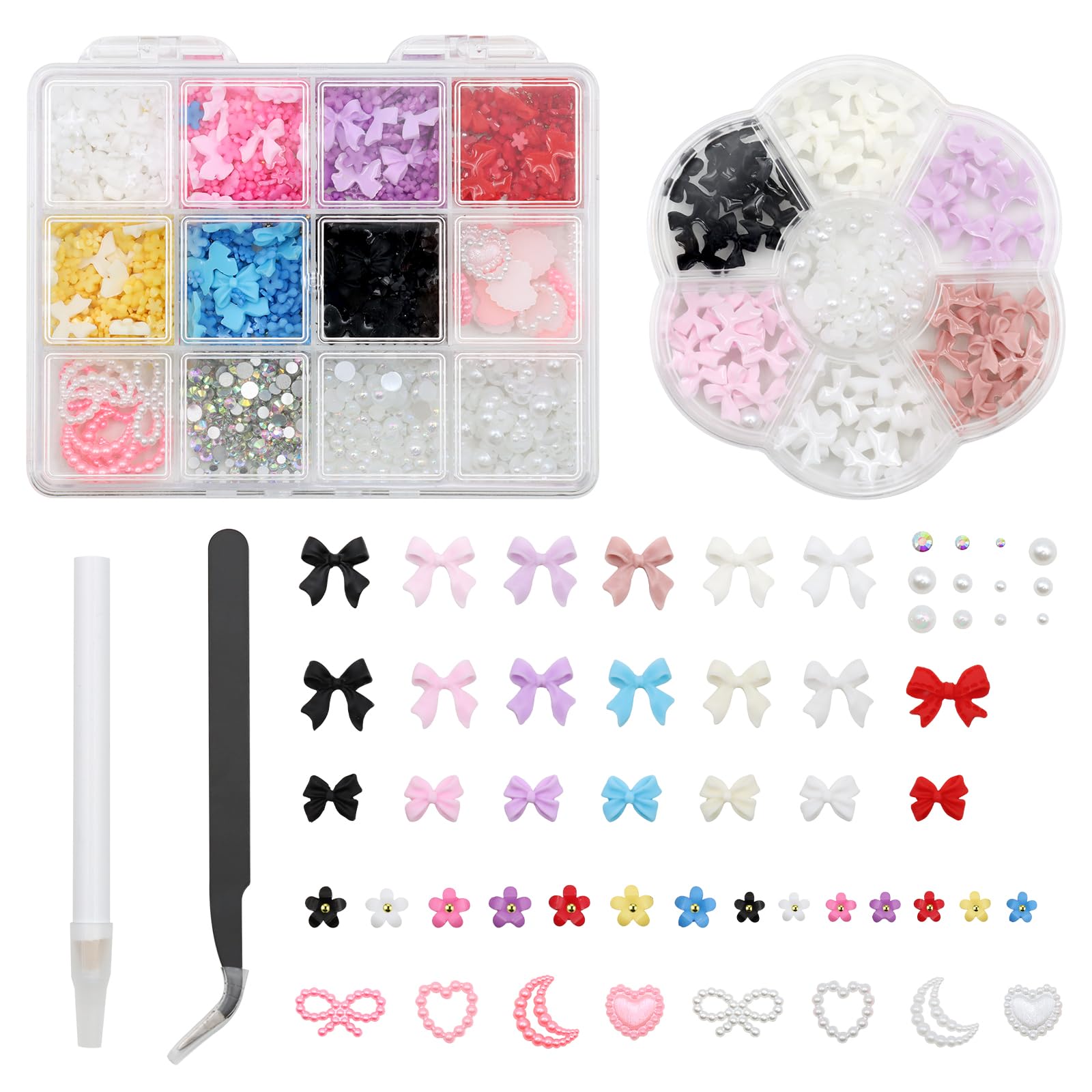 3D Nail Charms, VEGCOO 2 Boxes Nail Stuff Nail Gems Rhinestones Pearls Charms with Pickup Tool
