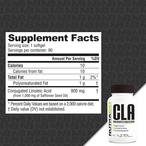 Miniatura 2 de NutraBio Suplemento de ácido linoleico conjugado CLA, 800mg - 90 cápsulas blandas
