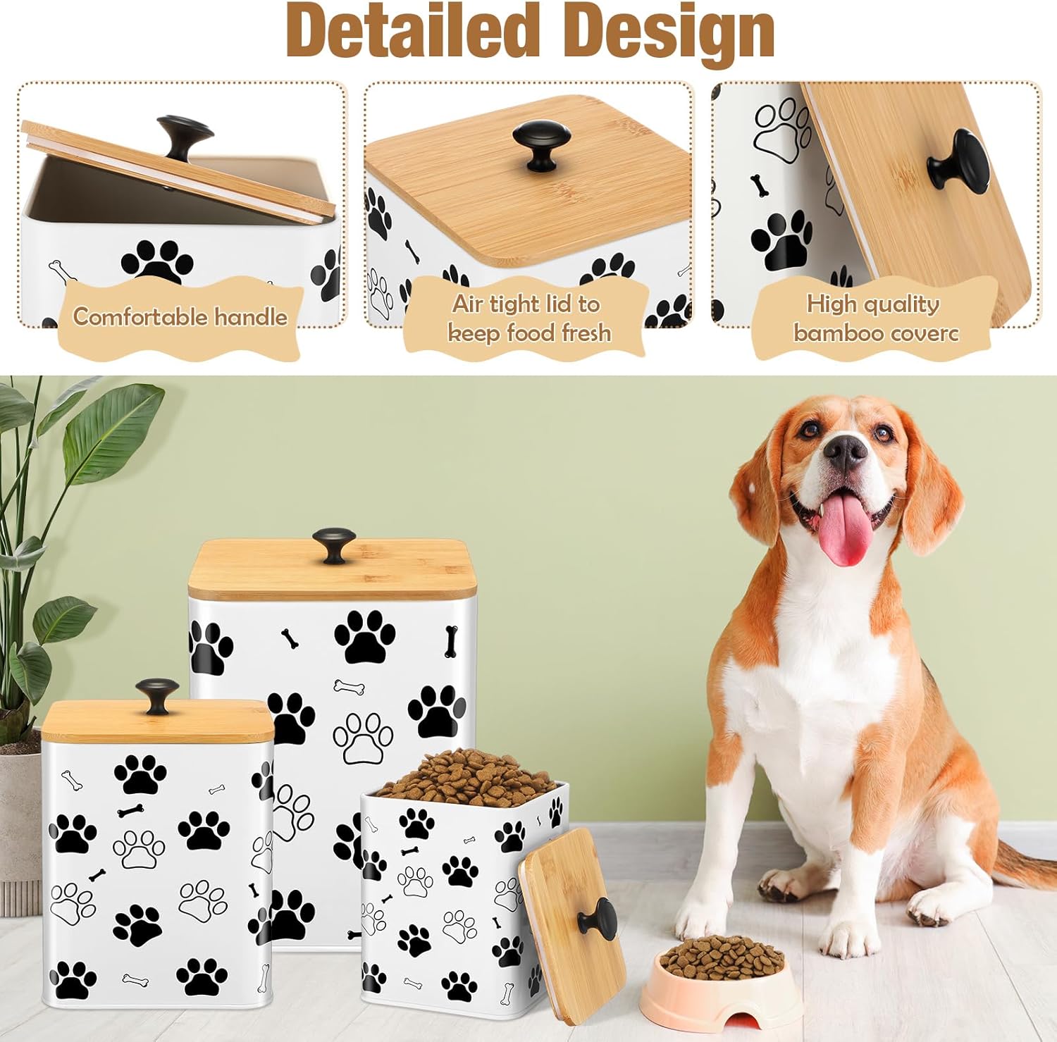 Airtight Dog Treat Container Set of 3 with Bamboo Lids Metal Treat Jars for Countertop Decorative Pet Snack Storage Canister Kitchen Biscuit Holder(White)