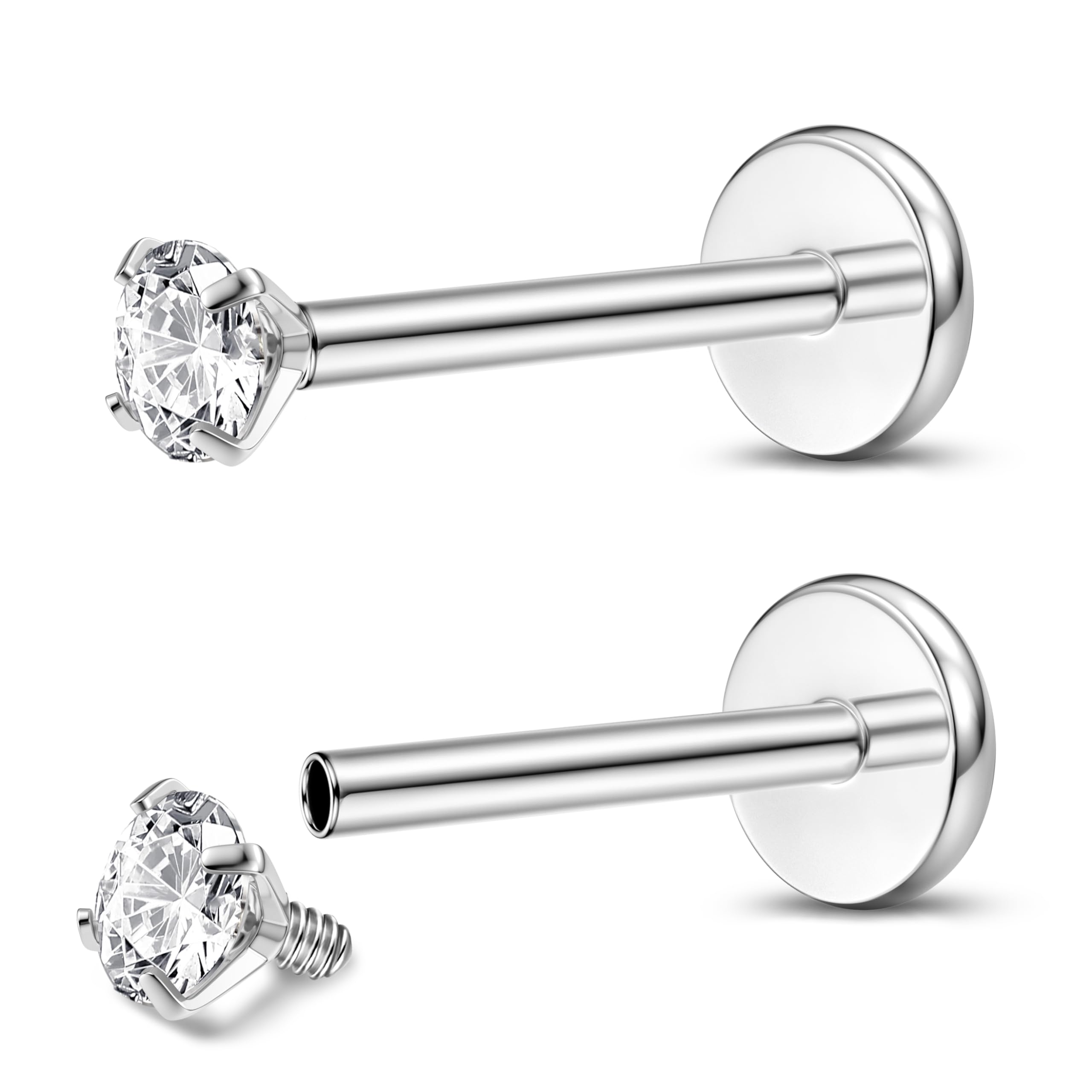 Adramata 2Pcs G23 Titanio Piercing Labret Roscado Interno Piercing Labio Monroe Medusa Piercing CZ Pendiente Piercing Pequeño Piercing Nariz Piercing Helix Piercing Tragus Oro Plata Piercing Oreja