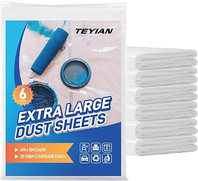 6pcs 4m x 5m Extra Large Plastic Dust Sheets for Decorating & Painting Clear Waterproof Polythene Sheeting Plastic Sheeting Dust Covers for Painting, Furniture & Floor Protection