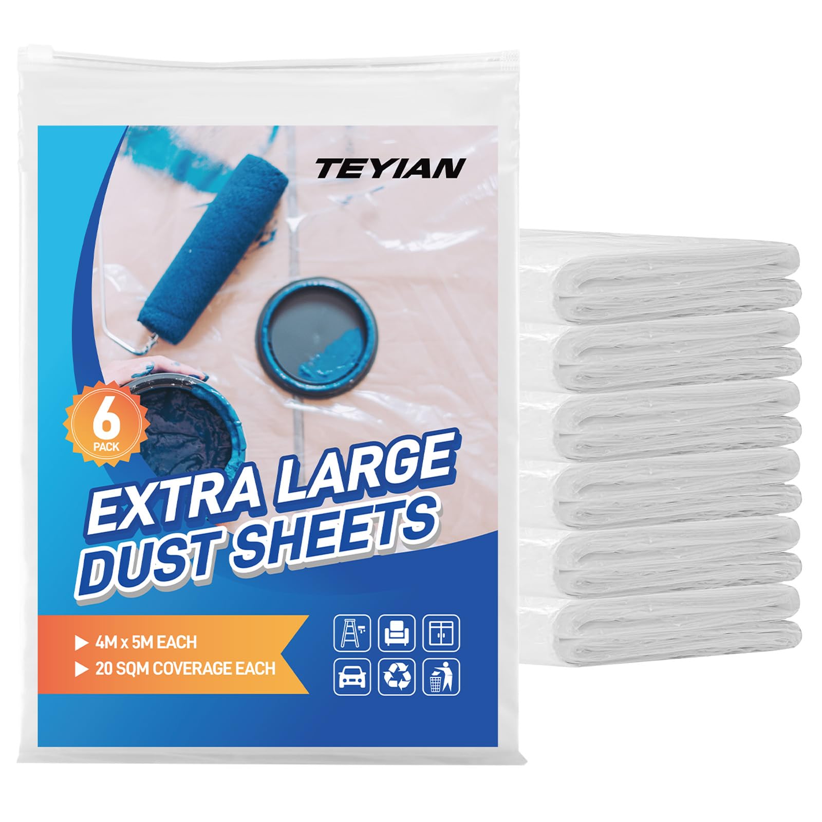 6pcs 4m x 5m Extra Large Plastic Dust Sheets for Decorating & Painting Clear Waterproof Polythene Sheeting Plastic Sheeting Dust Covers for Painting, Furniture & Floor Protection (Normal 6 Pack)