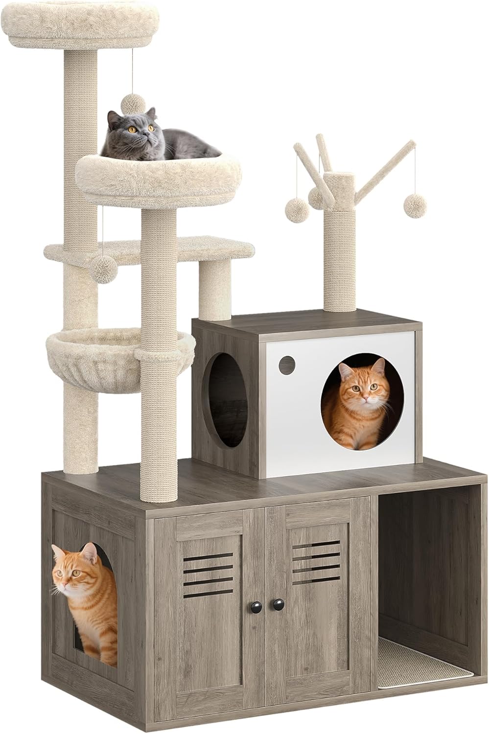 Furniture Style Cat Tree Tower & Hidden Litter Box Cabinet Combo – Multi-Level Cat House with Sisal Scratching Posts, Perch & Luxury Hammock