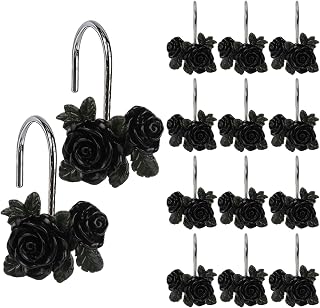 Rose Flower Decorative Shower Curtain Hooks 12pcs Rust Proof Shower Curtain Hooks Rings Shower Curtain Hangers Cute Bathroom Decor Accessories for Baby Room Bedroom Living Room (Black)