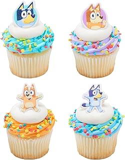 DecoPac Bluey So Much Fun Rings, 24 Cupcake Decorations Featuring Bluey, Bingo, Bandit, and Chilli, 3D Food Safe Cake Toppers – 24 Pack